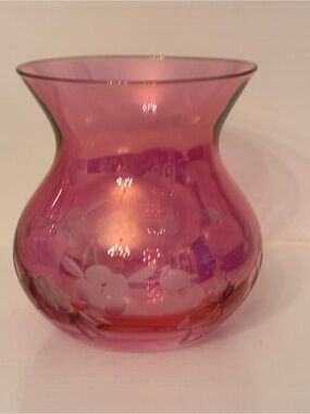 Vintage Iridescent, Cranberry Glass Vase with Hand, Etched Floral Design.